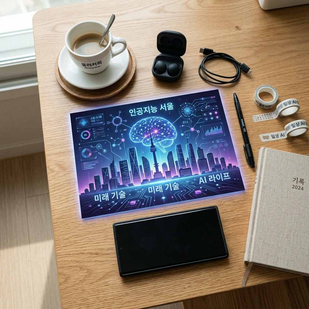 미래 도시의 전경과 함께 AI 기술의 발전을 상징하는 추상적인 그래픽