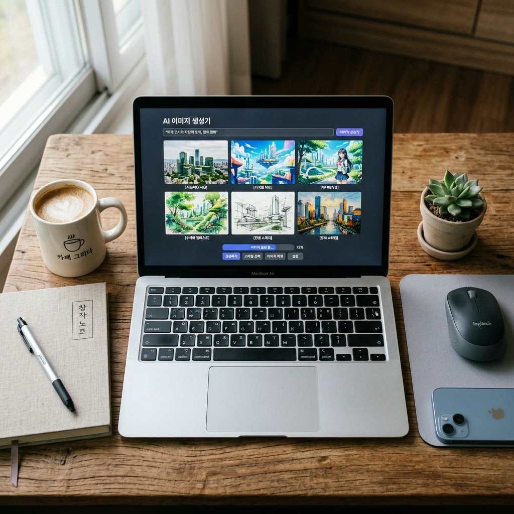 다양한 스타일의 이미지가 생성되는 과정을 보여주는 컴퓨터 화면