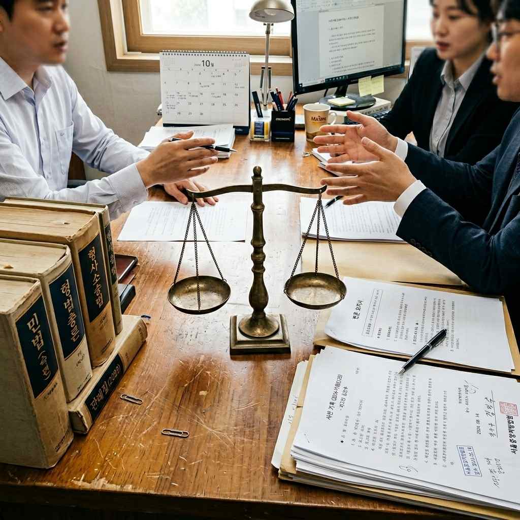 AI 윤리를 상징하는 저울과 법전, 그리고 사람들의 모습