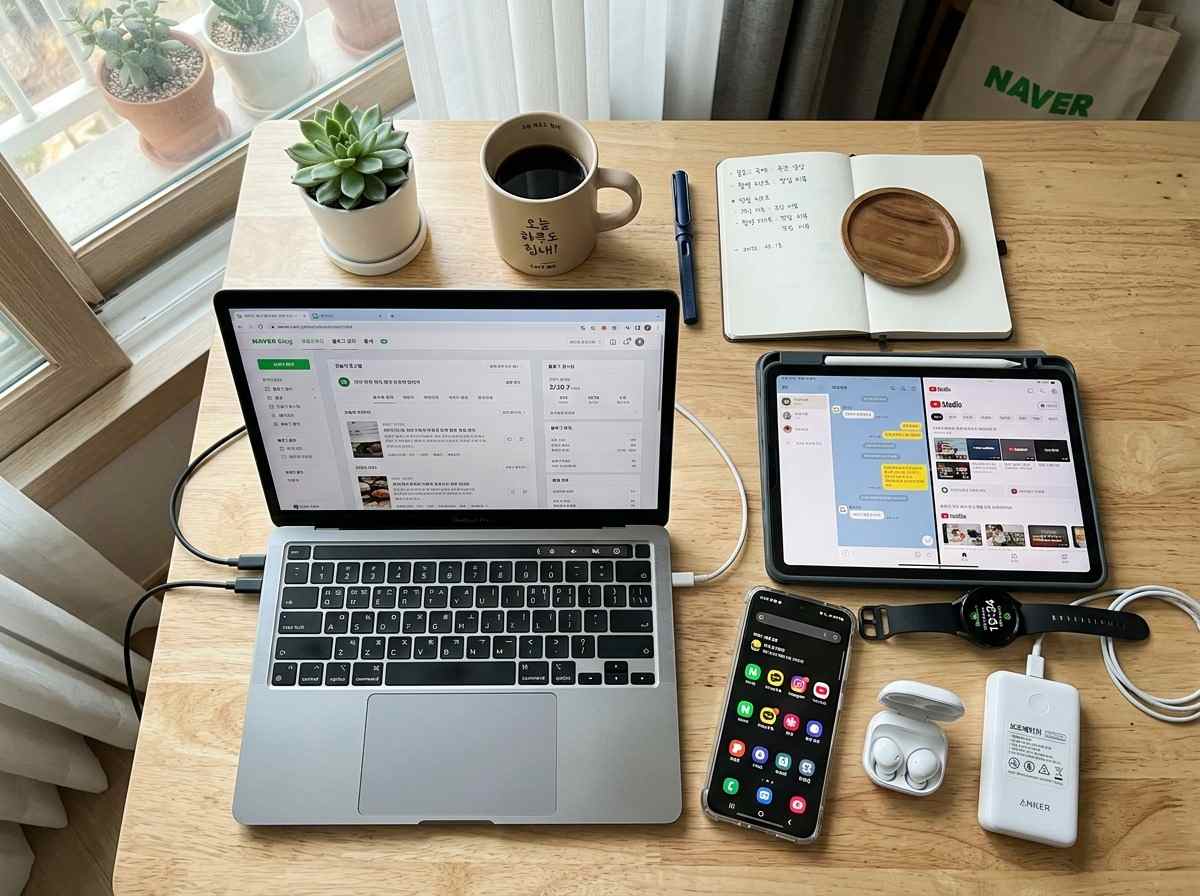 책상 위에 놓인 여러 태블릿과 노트북, 스마트폰, 이어폰 등 IT 기기들