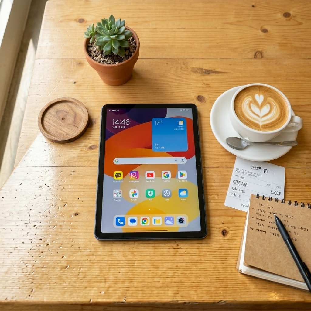 밝은 톤의 한국 카페 테이블 위에 놓인 샤오미 레드미 패드 SE 태블릿