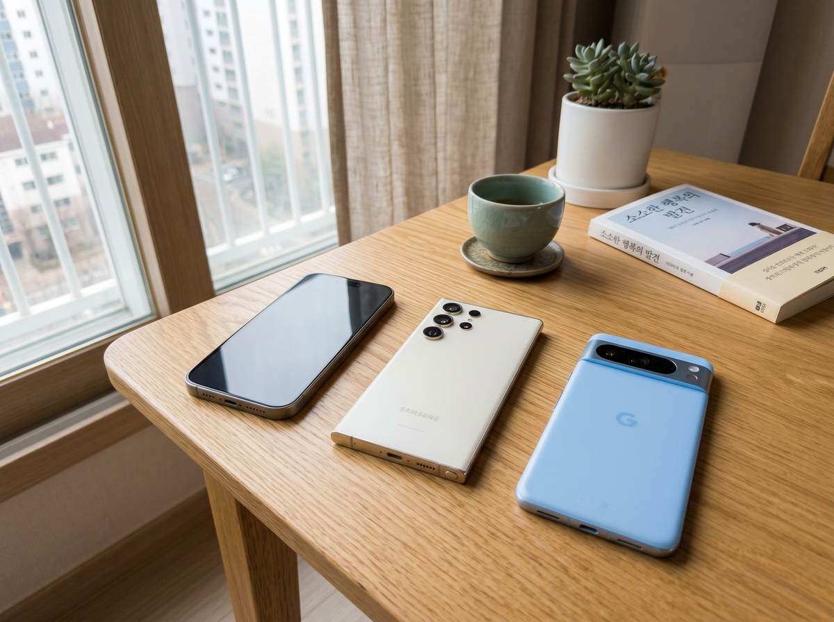 2026년 최신 스마트폰 3사의 플래그십 모델들이 세련된 배경에 놓여있는 모습