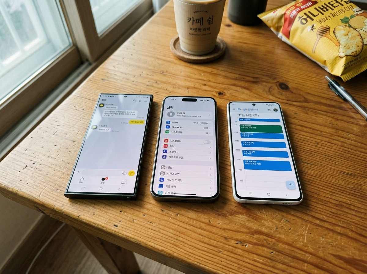 2026년 최신 스마트폰 3사의 플래그십 모델들이 나란히 놓여있는 모습