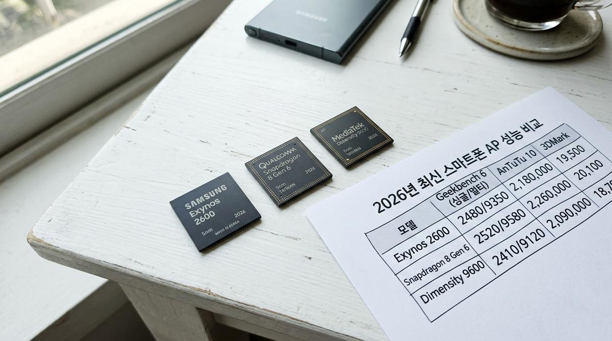 2026년 최신 스마트폰 3종의 AP 칩셋 이미지와 벤치마크 점수 비교 차트