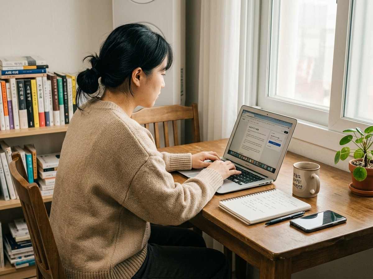한국인 작가가 책상에 앉아 노트북으로 AI 글쓰기 도구를 활용하여 블로그 글을 작성하는 모습