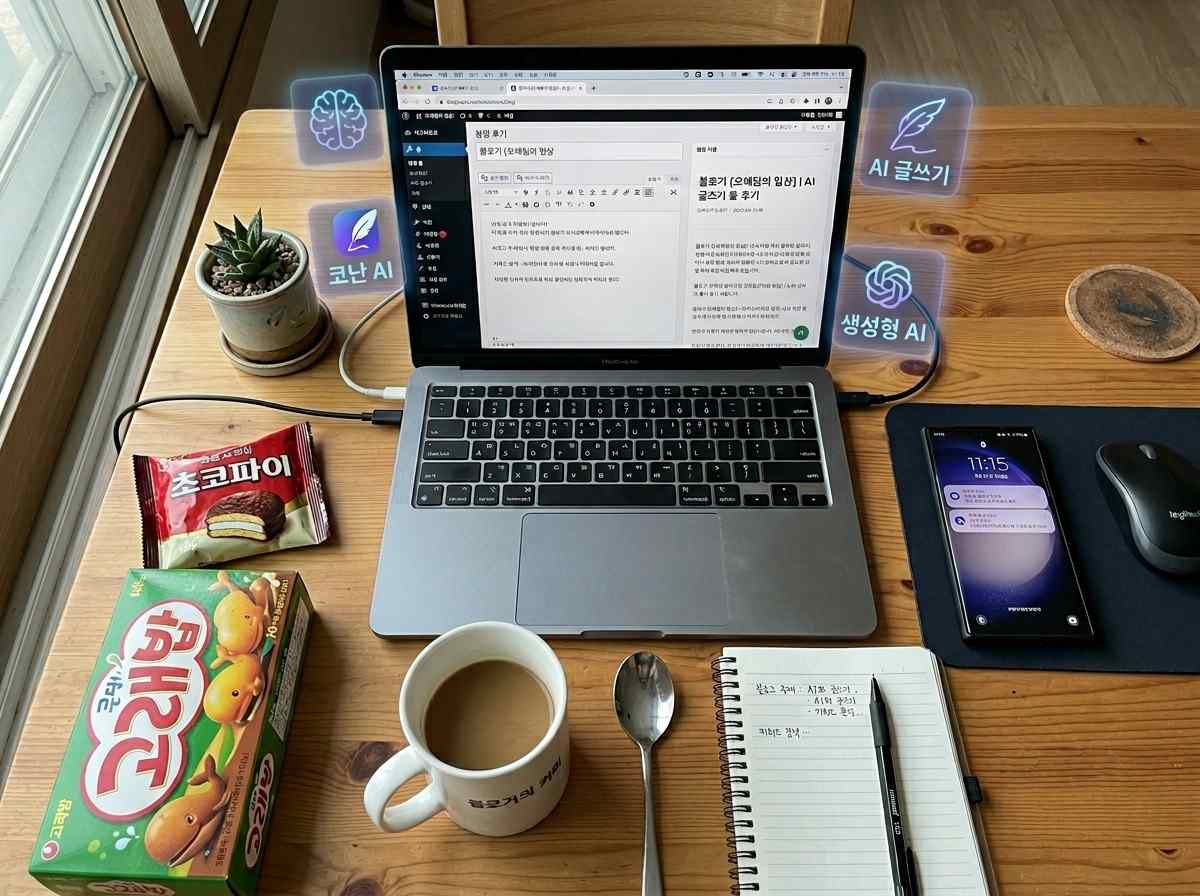 책상 위에 놓인 노트북과 스마트폰, 그리고 AI 글쓰기 도구 로고들이 떠 있는 모습