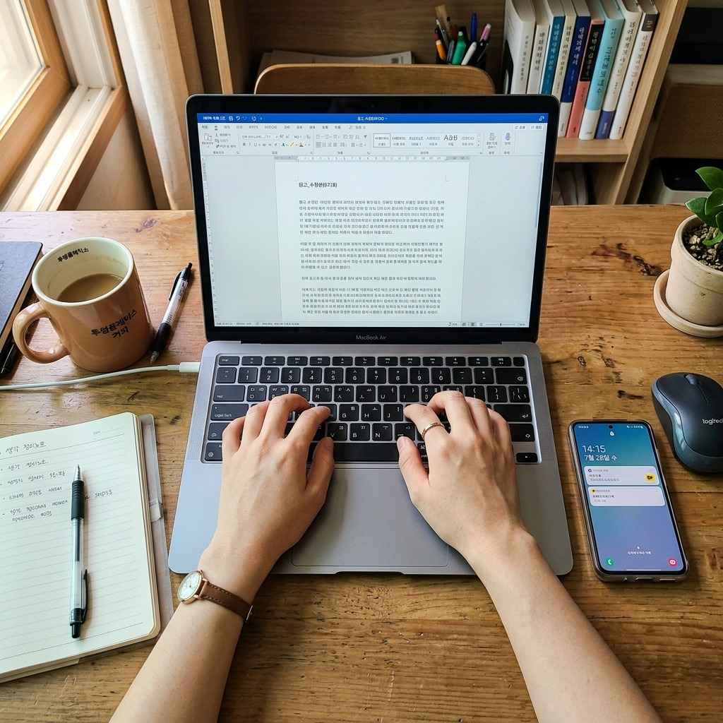노트북 화면에서 AI가 작성한 글을 수정하고 있는 한국인 작가의 손