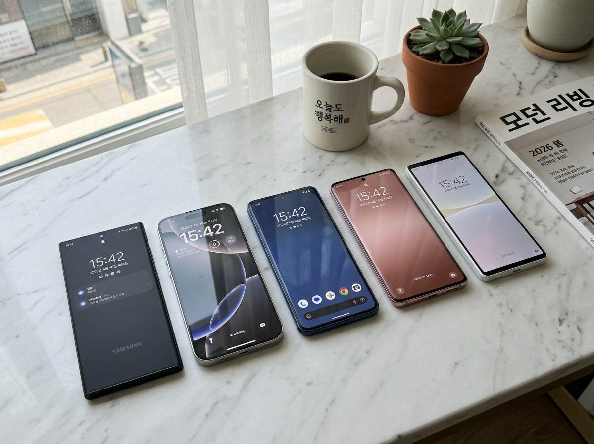 2026년 최신 스마트폰 5종이 모던한 배경에 나란히 진열된 모습