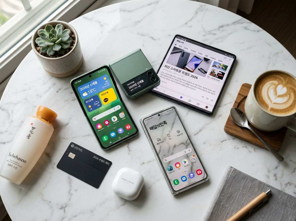 2026년 최신 스마트폰 트렌드를 보여주는 일러스트