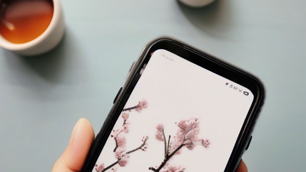 한국인 직장인이 점심시간에 스마트폰으로 클라우드 스토리지 앱을 열어 파일을 검색하는 모습