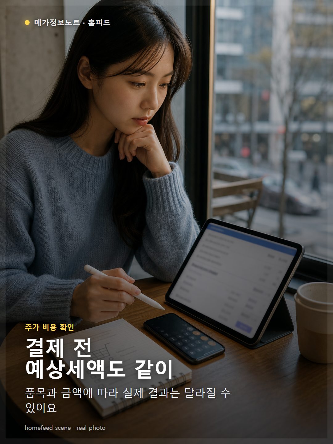 해외직구 예상세액 조회와 장바구니 금액을 카페에서 비교하는 장면