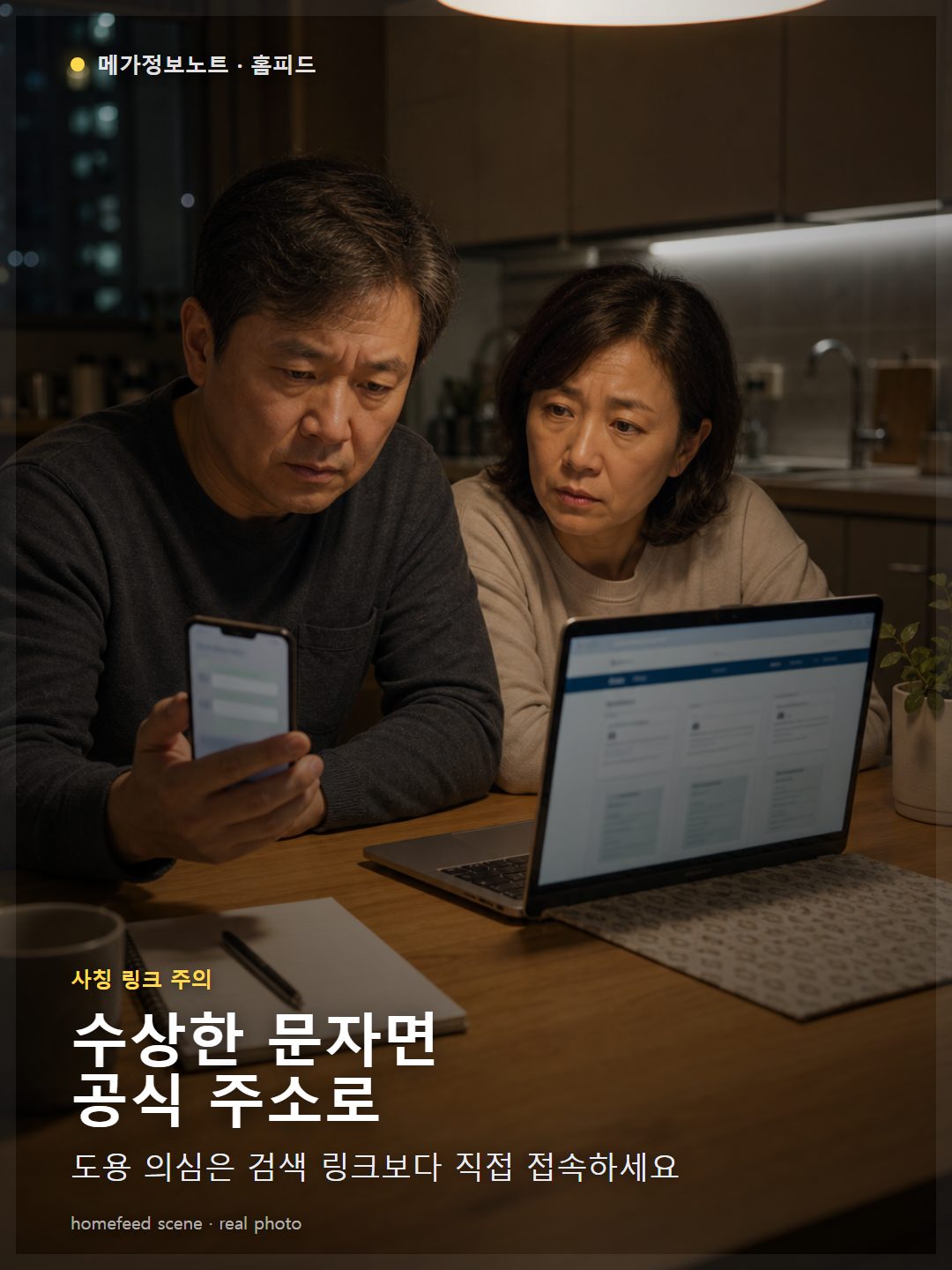 개인통관고유부호 도용 의심 문자와 공식 사이트를 확인하는 가족 장면