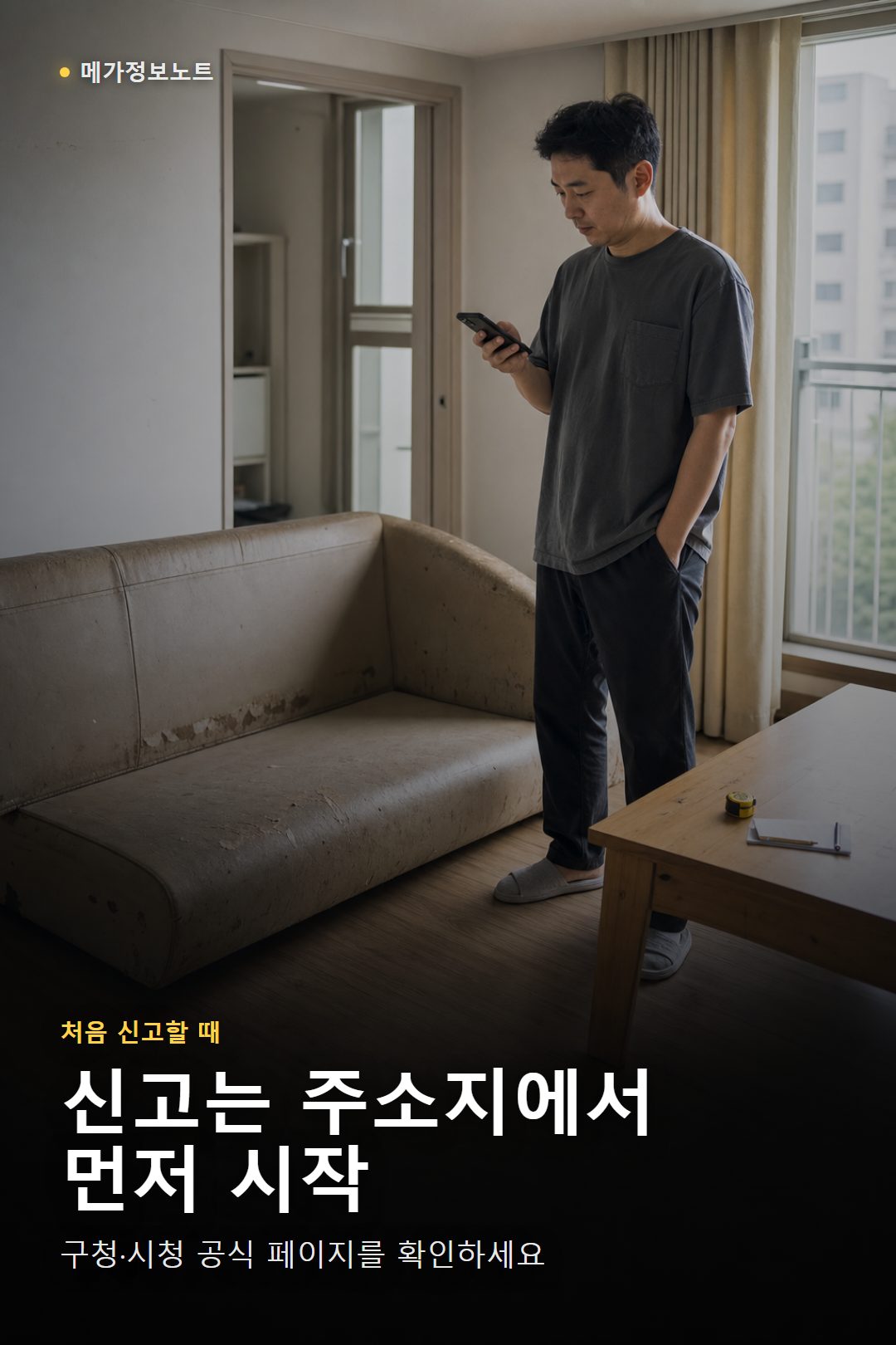 한국 아파트 거실에서 낡은 소파 옆에 서서 대형폐기물 인터넷신고를 확인하는 모습