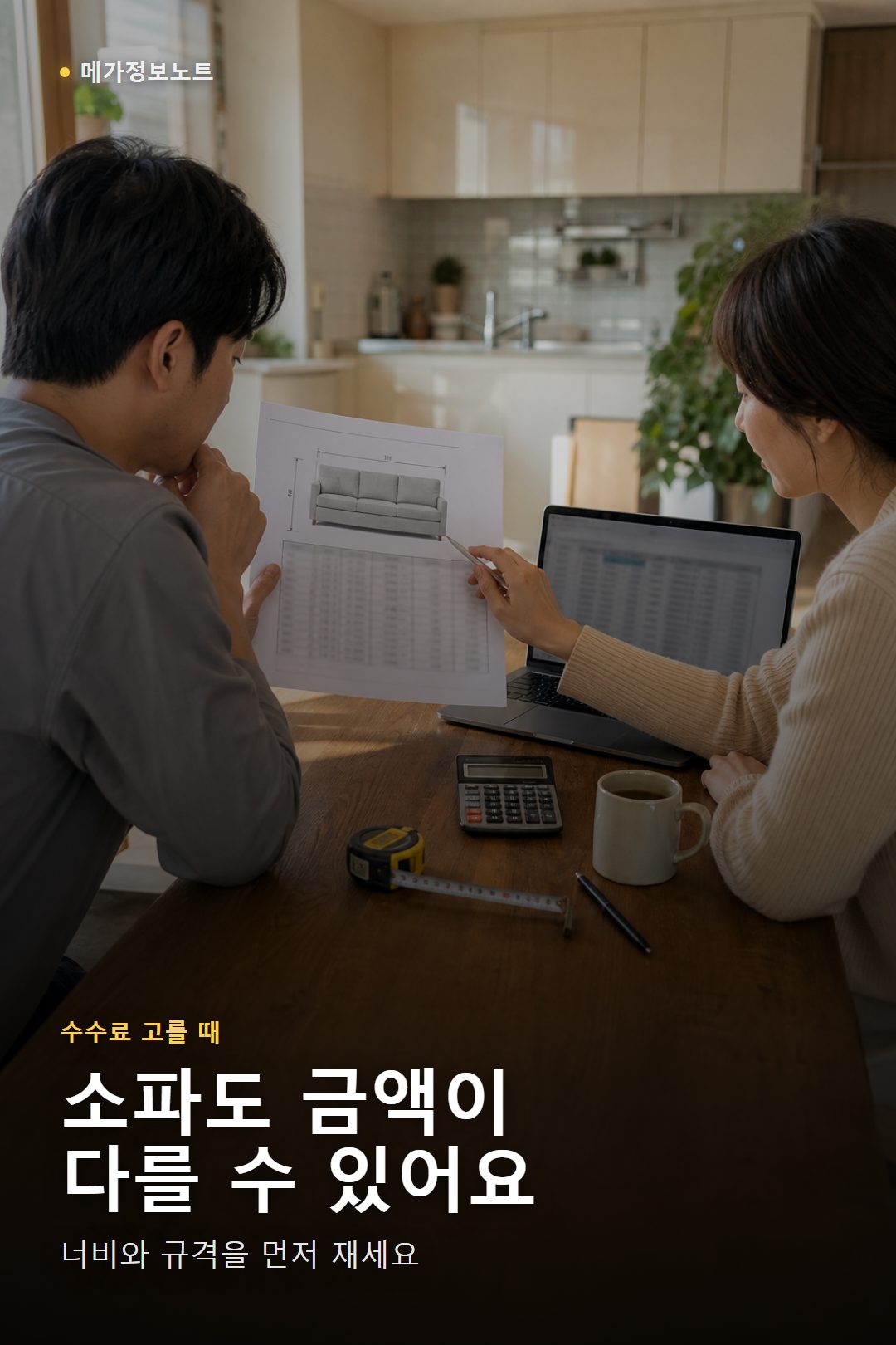 한국 주방 식탁에서 소파 규격 메모와 수수료표를 비교하는 모습