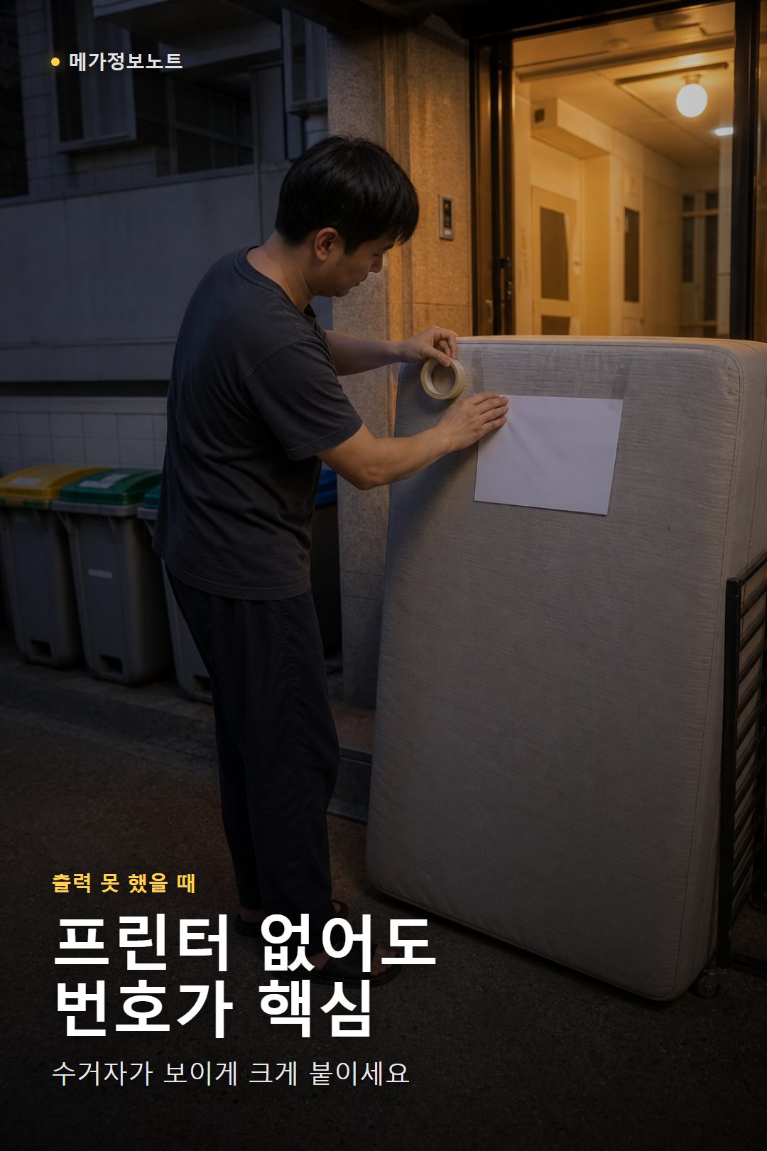 한국 빌라 출입구 앞에서 매트리스에 대형폐기물 배출번호 종이를 붙이는 모습