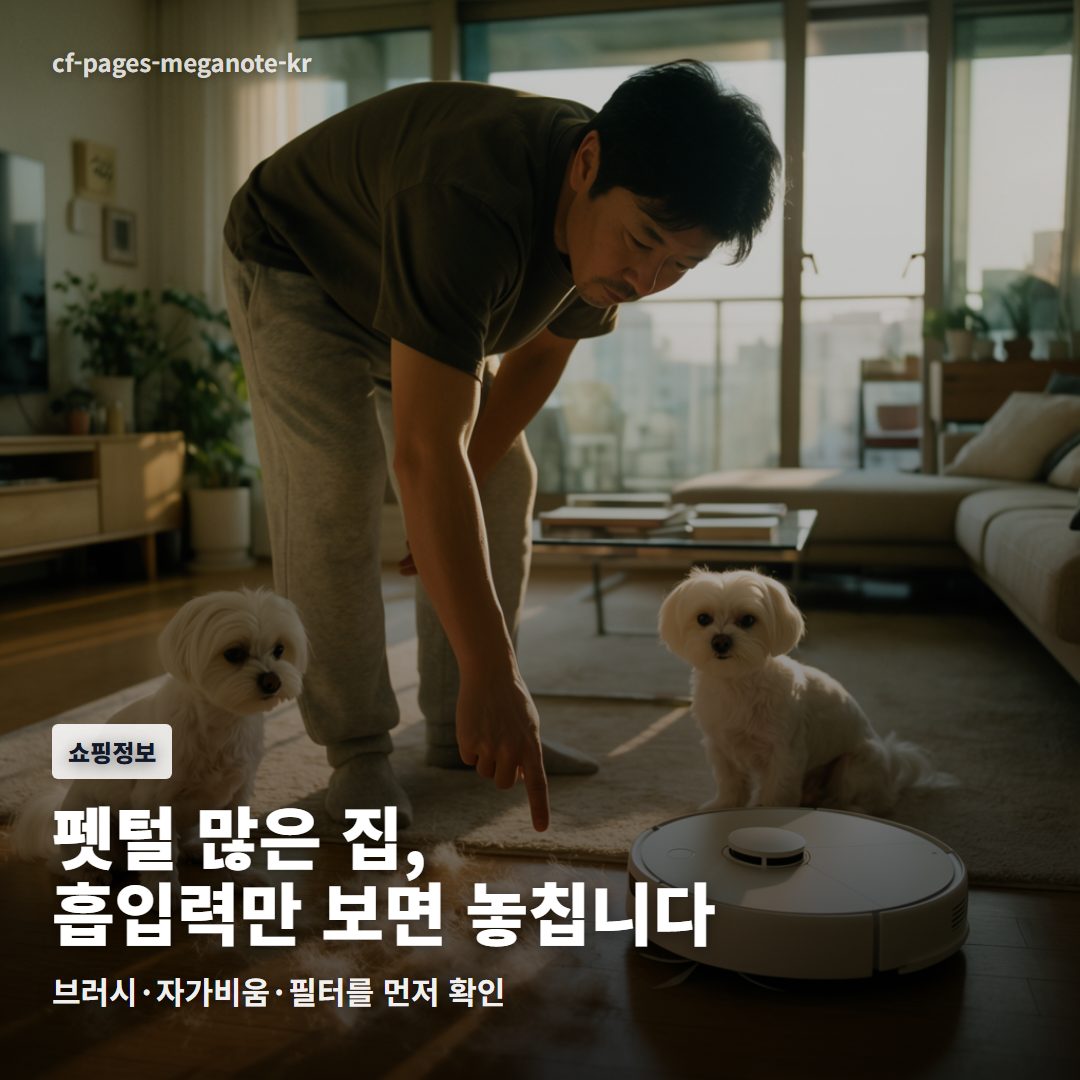 반려동물 털이 많은 거실에서 로봇청소기 구매 기준을 확인하는 장면