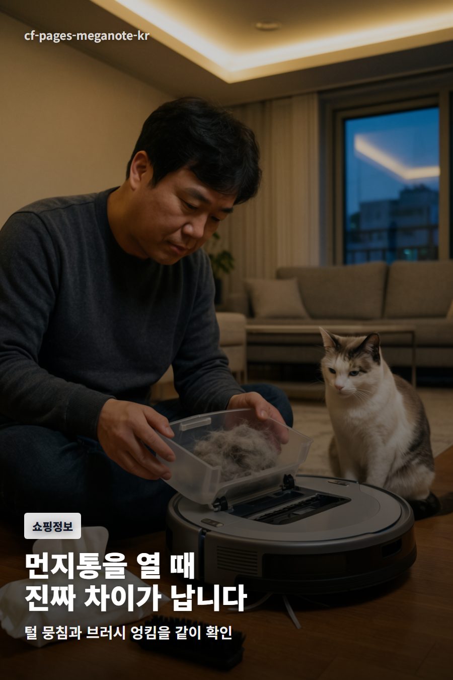 고양이와 함께 로봇청소기 먼지통의 털 뭉침을 확인하는 장면