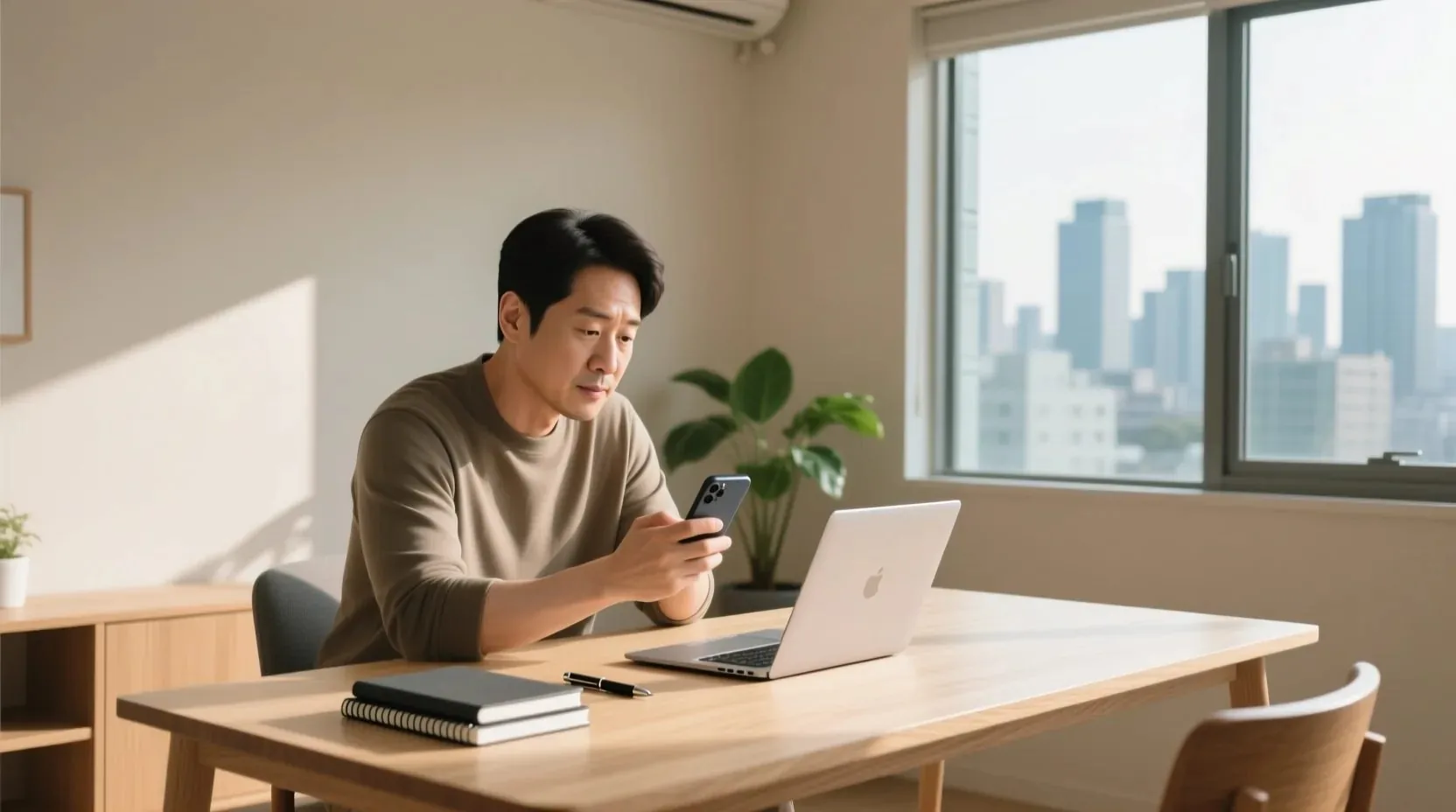 가수 데뷔 소문의 출처 검증을 위해 온라인 정보를 노트북과 폰으로 비교하는 모습