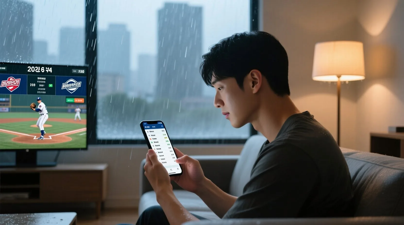 경기 일정 변경을 휴대폰으로 확인하는 모습